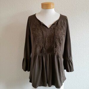 J. Jill Deep Green Floral Embroidered Bell Top M